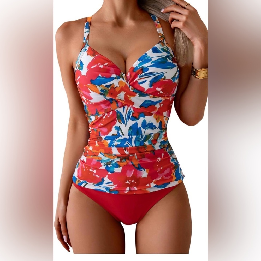 NWT B2prity Ruched Floral Tankini Two-Piece Swimsuit Size S